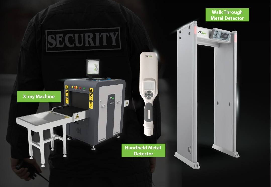 Security inspection checkpoint with an archway and a baggage scanner